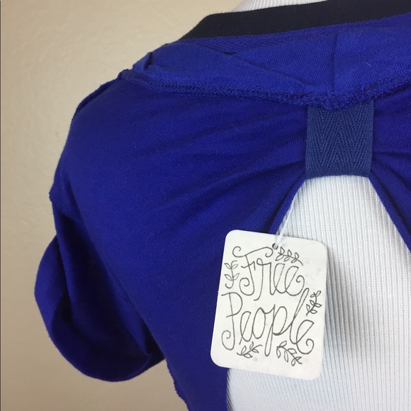 FREE PEOPLE Blue Keyhole Open Back Boho Short Sleeve Pocket Tee Shirt XS NEW Bow - Picture 2 of 9